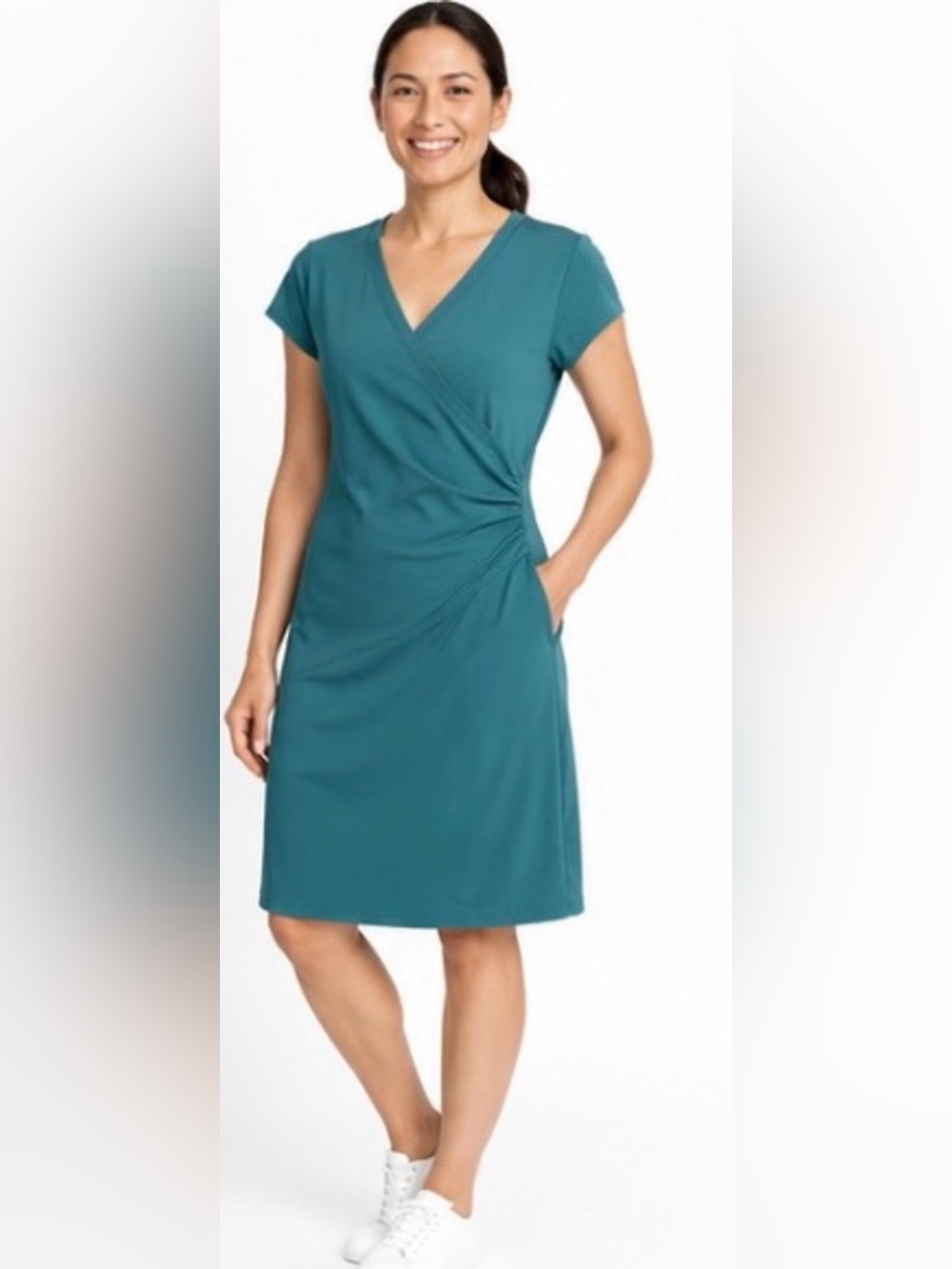 Athleta Nectar Faux Wrap Dress Black Ruched Travel Athleisure Size Medium